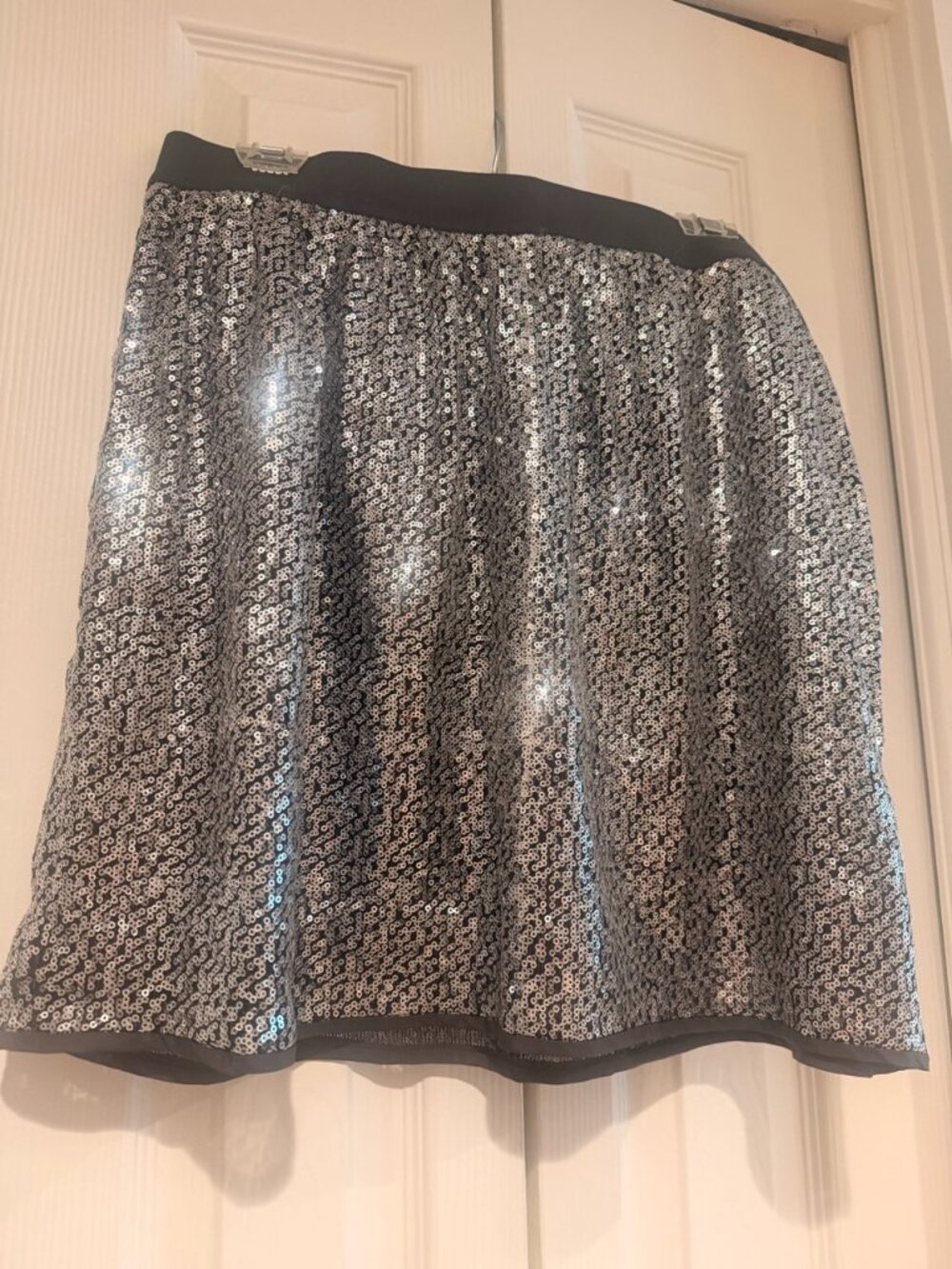 Silver Sequin on black GAP glittery skirt with Flouncy ruffle hem Size 14
